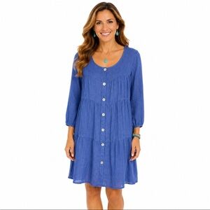 CAMILLE & CO. Blue Linen Button-Front Tiered Tunic Dress Size Large